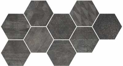 Керамогранит CIR Ceramiche Docklands Hexagon Freeport Black (9 Soggetti Mix) 24x27.70 черный матовый орнамент