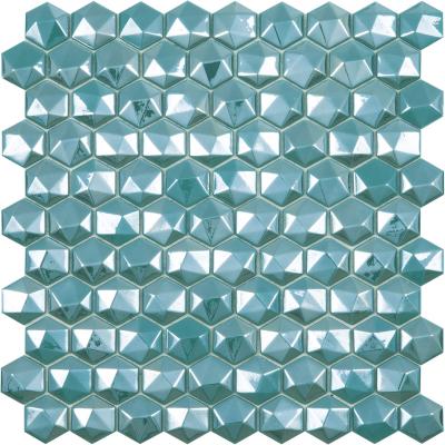 Мозаика Vidrepur С0002688 Hex Diamond 370D (на сетке) 31.7x30.7 бирюзовая глянцевая 3D узор, чип гексагон