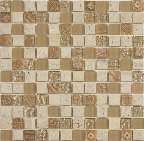 Мозаика NSmosaic S-801 EXCLUSIVE 29.8x29.8 бежевая матовая с орнаментом / под  камень, чип 23x23 квадратный