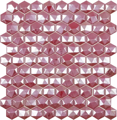 Мозаика Vidrepur Hex Diamond № 375D (на сетке) 30.7x31.7 красная гглянцевая 3D узор / перламутр, чип гексагон