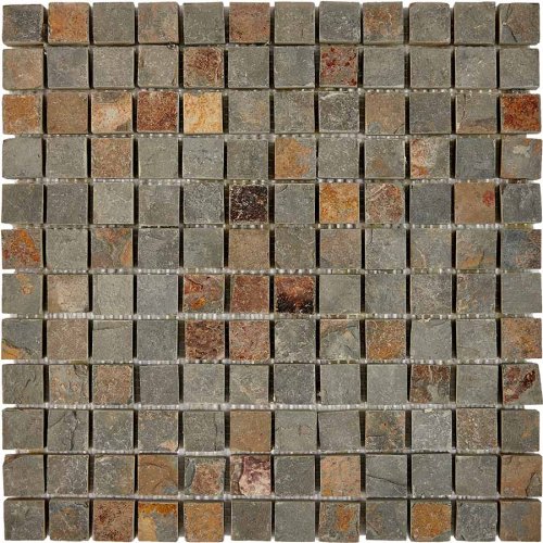 Мозаика Pixel mosaic PIX299 из сланца Slate Rusty 30.5x30.5 серая / коричневая натуральная под камень / оттенки цвета, чип 23х23 мм квадратный