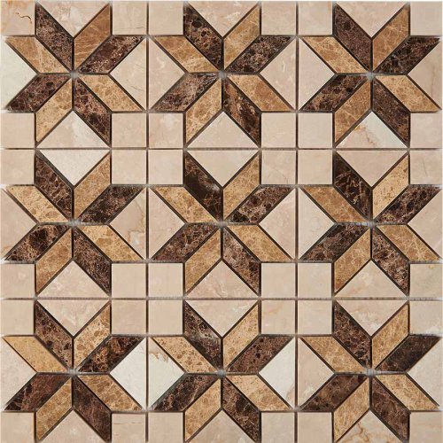 Мозаика Pixel mosaic PIX286 из мрамора Botticino, Dark Imperador, Light Imperador 29.8x29.8 бежевая / коричневая полированная под камень / орнамент, чип 23x23 мм квадратный