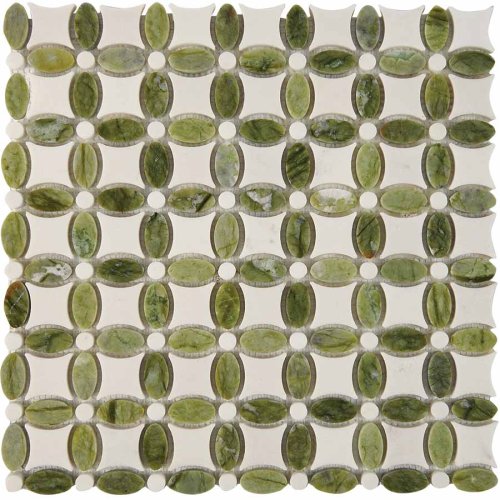 Мозаика Pixel mosaic PIX282 из мрамора Dondong, Dolomiti Bianco 33.6x33.6 зеленая полированная под камень / орнамент, чип 32x32 мм произвольный