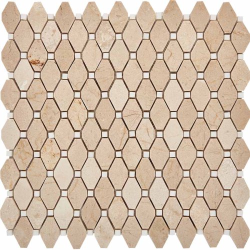 Мозаика Pixel mosaic PIX285 из мрамора Cream marfil, Thassos White 30.5x34.2 бежевая полированная под камень / орнамент, чип 39x24 мм ромб