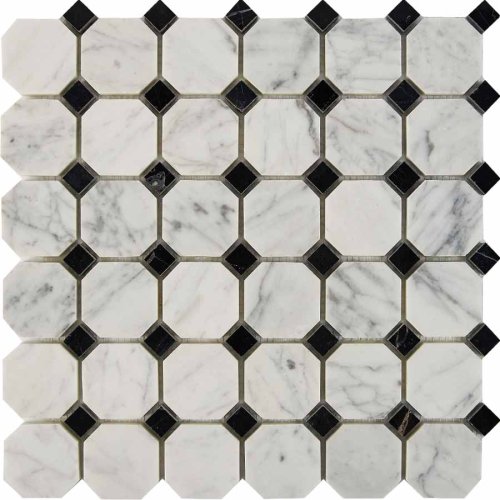 Мозаика Pixel mosaic PIX209 из мрамора Bianca Carrara, Nero Marquina 30.5x30.5 бежевая глянцевая под камень / оттенки цвета, чип 48x48 мм октагон