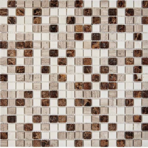 Мозаика Pixel mosaic PIX277 из мрамора Emperador Dark, White Wooden, Dolomiti Bianco 30.5x30.5 бежевая / коричневая полированная под мрамор, чип 15x15 мм квадратный