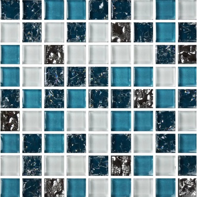 Мозаика Роскошная мозаика МС 2083 30x30 бирюзовая/белая/бирюзовая колотая/платиновая глянцевая, чип 15x15 квадратный
