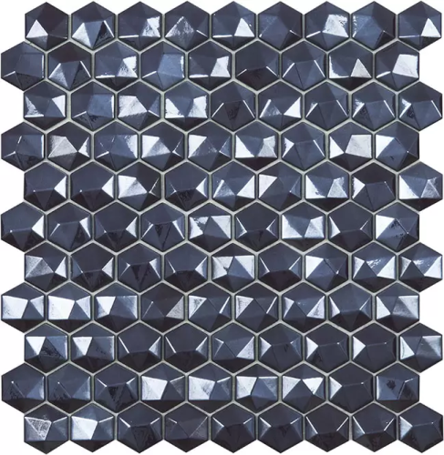 Мозаика Vidrepur Hex Diamond № 374D (на сетке) 30.7x31.7 синяя глянцевая 3D узор / перламутр, чип гексагон