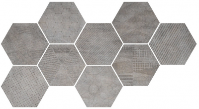Керамогранит CIR Ceramiche Docklands Hexagon Freeport Grey (9 Soggetti Mix) 24x27.70 серый матовый орнамент