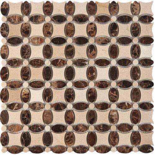 Мозаика Pixel mosaic PIX283 из мрамора Cream marfil, Dark Imperador 33.6x33.6 бежевая / коричневая полированная под камень / орнамент, чип 32x32 мм произвольный