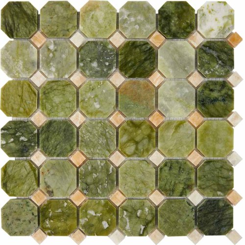 Мозаика Pixel mosaic PIX211 из оникса и мрамора Dondong, Honey onyx 30.5x30.5 зеленая полированная под оникс, чип 48x48 мм октагон
