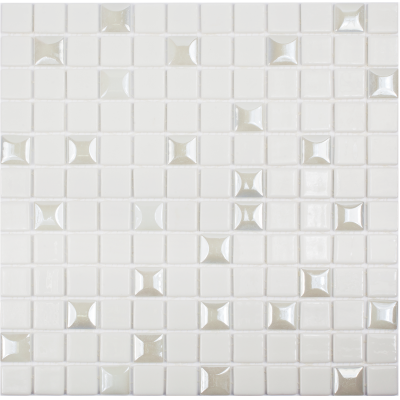 Мозаика Vidrepur С0002054 Edna №100 (на сетке) 31.7x31.7 белая глянцевая перламутр / 3D узор, чип 25x25 квадратный