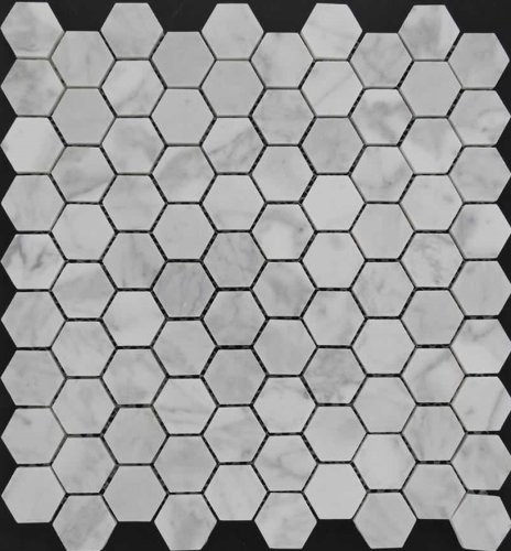 Мозаика Marble Mosaic Hexagon Carrara Bianco 30x30 белая полированная под камень, чип 48x55 гексагон