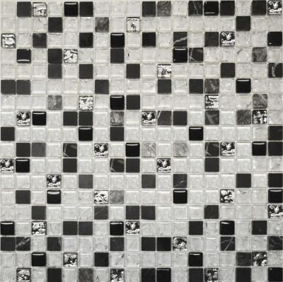 Мозаика Роскошная мозаика МКС 2026 30x30 мрамор. черная/белая колотая/черная/платиновая глянцевая/матовая, чип 15х15 квадратный