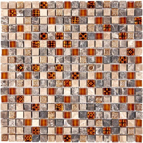 Мозаика Pixel mosaic PIX 720 из мрамора и стекла 30x30 бежевая / коричневая глянцевая под камень / орнамент, чип 15x15 мм квадратный