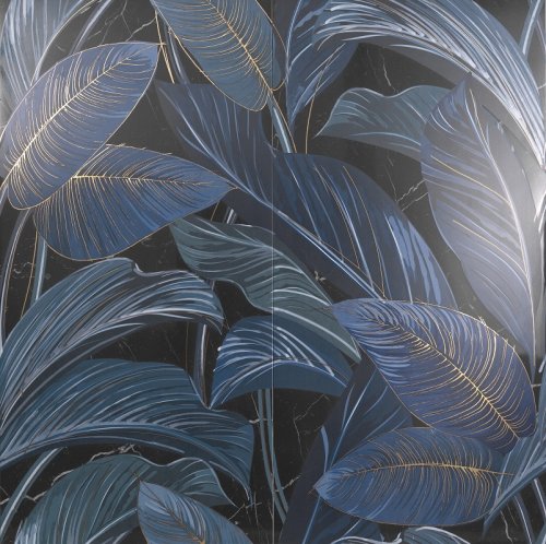 Керамогранит Serenissima Cir 38896 Showall Black Leaf (set 2 pz) 120x120 синий глянцевый флористика / узор