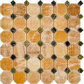 Мозаика Pixel mosaic PIX210 из оникса и мрамора Honey onyx, Dondong 30.5x30.5 зеленая / коричневая полированная под оникс, чип 48x48 мм октагон
