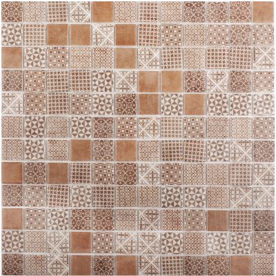 Мозаика Vidrepur С0002555 Born Brown (на сетке) 31.7x31.7 коричневая матовая с орнаментом, чип 25x25 квадратный